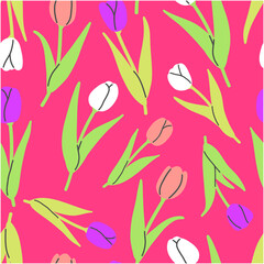 Wall Mural - Seamless pattern with multicolored tulips on a pink background. illustration background. Flat illustration.