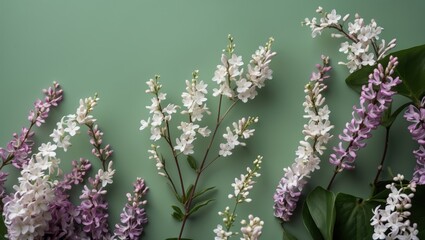 Wall Mural - Closeup of elegant lilac flowers on a soft green background showcasing delicate blooms for floral arrangements and design purposes.