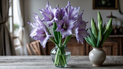 Poster - Elegant Light Purple Gladiolus Arrangement in a Glass Vase on a Rustic Table with Lush Greenery in a Cozy Interior Setting