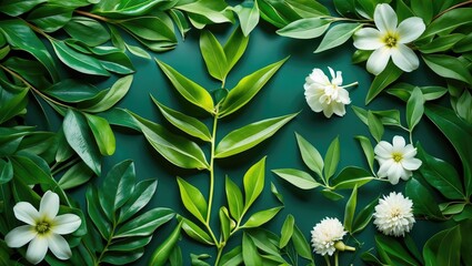 Poster - elegant green leaves and white flowers flat lay composition on dark background nature inspired desig