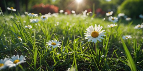 Poster - Daisy Flowers Blooms In Sunlit Green Grass With Empty Space For Text In Tranquil Garden Setting Suitable For Nature Photography Projects