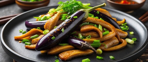 Wall Mural - Stir Fried Eel and Eggplant with Scallions on a Plate for Asian Cuisine Presentation with Space for Text