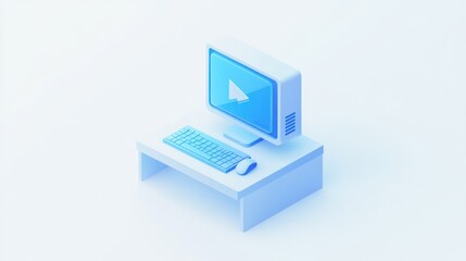 Poster - Isometric computer on desk, play button, white background, tech illustration