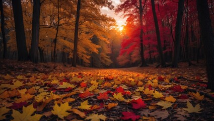 Poster - Autumn forest landscape with vibrant yellow, red, and orange leaves at sunset creating a calm and serene hiking atmosphere.