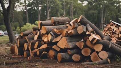 Poster - Stacked Firewood Cut from Storm-Damaged Trees in a Forested Area with Lush Green Surroundings