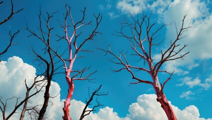 Poster - Barren tree branches silhouetted against a vibrant blue sky with fluffy white clouds creating a striking contrast in nature scenery.