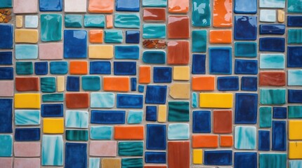 Poster - Vibrant ceramic mosaic wall texture with colorful tiles for creative design and artistic backgrounds. Suitable for various applications.