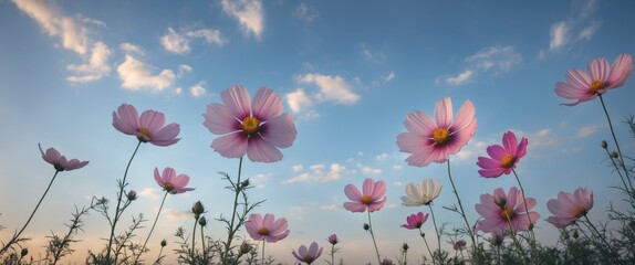 Poster - Vibrant Cosmos Flowers Against a Blue Sky with Soft Clouds and Ample Copy Space for Text or Design Elements