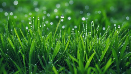 Wall Mural - Vibrant Close-Up of Dewy Green Grass with Soft Background and Space for Text Overlay