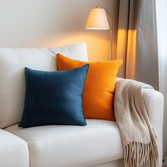 Sticker - Serenity in Style: A corner of a modern living room with a white fabric sofa, brightened by orange and blue pillows. 