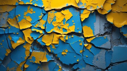 Poster - Cracked yellow paint revealing blue concrete wall textures creating an abstract and weathered aesthetic for design backgrounds.
