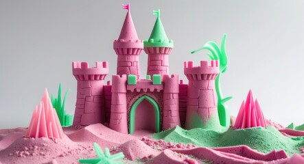 Wall Mural - Colorful Kinetic Sand Castle in Pink and Green with Plastic Forms on White Background Ideal for Creative Play and Imaginary Adventures