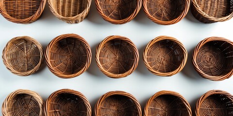 Poster - Brown Wicker Baskets Collection on White Background with Clipping Path for Empty Text Space and Decorative Display Ideas