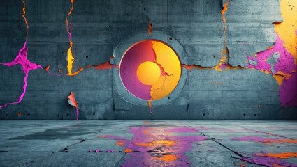 Poster - Colorful abstract concrete wall with cracks and circular opening, ideal for creative backgrounds and graphic design projects.