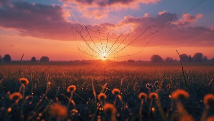 Poster - Morning Sunlight Illuminates Dewy Spiderweb in Field with Dandelions Against a Vibrant Sunrise and Dramatic Cloudscape