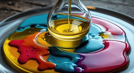 Poster - Vivid colored printer ink and cooking oil create a striking visual effect on a glass surface, showcasing fluid dynamics and artistic manipulation.