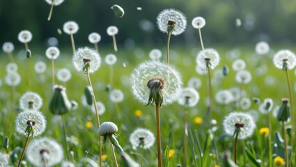 Poster - Dandelion Meadow with Floating Seeds Create a Serene Nature Scene Highlighting Pollination and Greenery in a Blurred Background