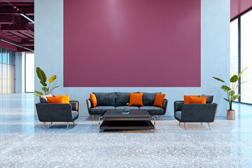 Poster - Modern waiting area interior with stylish sofa seats, marble floor, and large windows showing a city view. Contemporary office space design. 3D Rendering