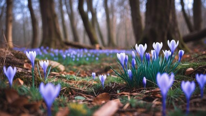 Poster - Vibrant Crocus Flowers Blooming in a Tranquil Forest Setting with Empty Space for Text or Overlay