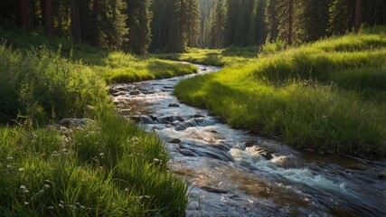 Poster - Serene River Flowing Through Lush Green Meadow Surrounded By Forest On A Sunny Summer Day Perfect For Outdoor Recreation