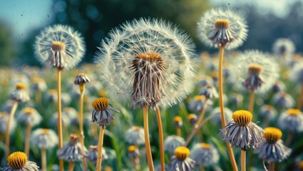 Poster - Dandelion flower heads with fluffy seeds in natural field setting showcasing vibrant colors and textures of Taraxacum officinale.
