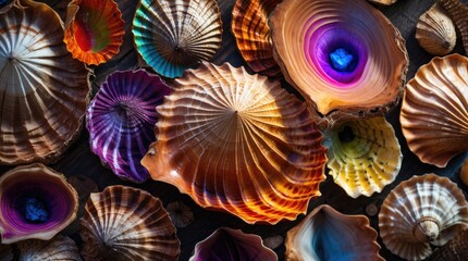 Poster - Vibrant display of assorted seashells showcasing intricate patterns and colors in natural sunlight on a textured surface.