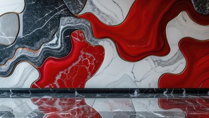 Poster - Elegant abstract marble design featuring red and white hues against a dark backdrop complemented by a glossy granite floor.