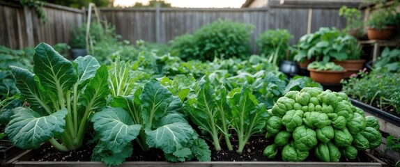 Wall Mural - Close Up of Fresh Vegetable Plants Thriving in Backyard Garden with Rich Green Leaves and Empty Space for Text or Highlights