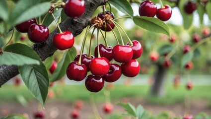 Wall Mural - Vibrant Red Cherries Hanging from Tree Branches in Lush Orchard with Ample Copy Space for Text or Marketing Use