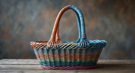 Poster - colorful wicker basket with handle on wooden surface empty space for text background