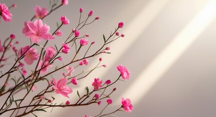 Poster - Delicate pink flowers on twigs create a serene indoor backdrop with soft light and ample space for text or design elements.
