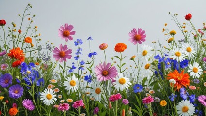 Poster - Vibrant Wildflower Composition on Bright White Background Showcasing a Variety of Colors and Shapes for Fresh Nature Aesthetics