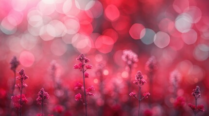 Poster - Soft pink and red abstract background with bokeh effect showcasing delicate flowers creating a dreamy and romantic atmosphere