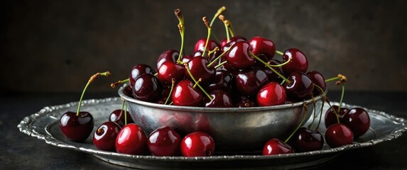 Wall Mural - Fresh Ripe Cherries Piled in Decorative Metal Bowl on Dark Surface