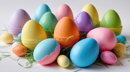 Poster - Colorful Easter eggs in assorted pastel shades arranged on green grass with a clean white background for festive decorations and celebrations.