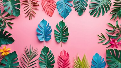 Poster - Vibrant Tropical Leaf Arrangement on Pink Background Featuring Colorful Foliage Ideal for Summer Designs and Minimalist Concepts