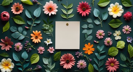 Poster - Floral arrangement with colorful flowers and leaves surrounding a blank note card on a dark background for nature-inspired design concepts