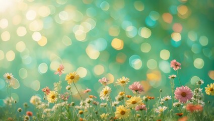 Poster - Soft vintage bokeh background with blooming flowers under sunlight creating a dreamy summer atmosphere in shades of green and pastel colors.