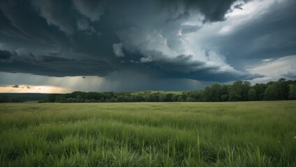 Wall Mural - Dramatic Dark Storm Clouds Over Lush Green Meadow Landscape Before Rainfall