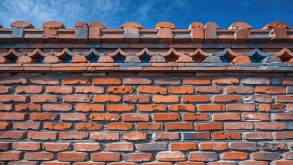 Poster - Decorative red brick fence wall with intricate design against vibrant blue sky and scattered clouds