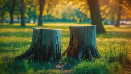 Poster - Stumps in a tranquil park setting surrounded by lush green grass and soft sunlight creating a serene atmosphere for relaxation