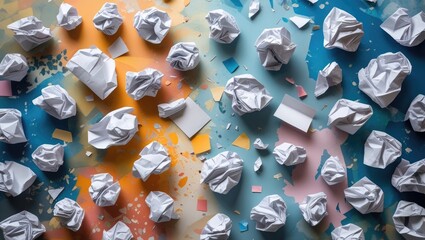Poster - Abstract creative background featuring scattered crumpled paper balls on a colorful textured surface in vibrant hues.