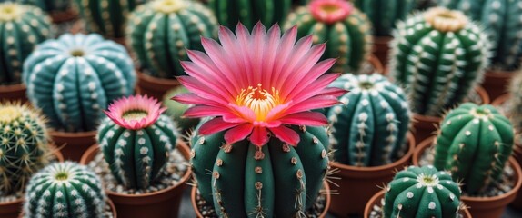 Poster - Vibrant Cactus Flower Arrangement in Pots with Copy Space for Text Ideal for Home Decor and Nature Themes