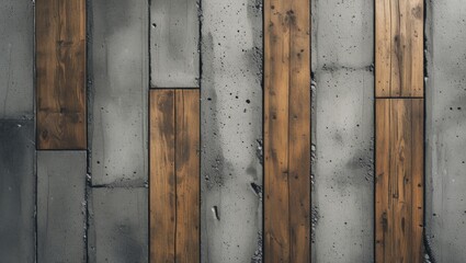 Poster - Loft style flooring with a combination of concrete and wooden planks in a textured top view, ideal for modern interior design projects.