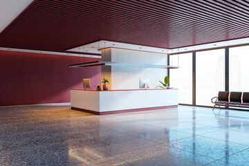 Poster - Modern reception area with sleek white desk, large windows, and city view. Elegant office lobby with minimalist design and luxury interior. 3D Rendering