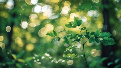 Poster - Abstract bokeh background with blurred green leaves creating a tranquil and serene forest atmosphere for nature-themed designs.