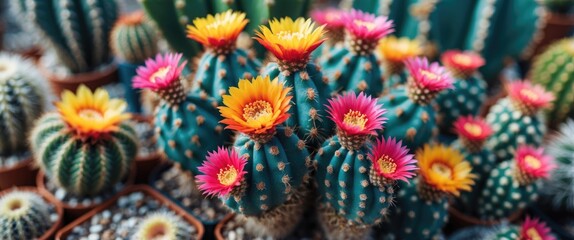 Wall Mural - Vibrant Closeup of Colorful Cacti with Stunning Flowers Against a Soft Background in a Botanical Setting