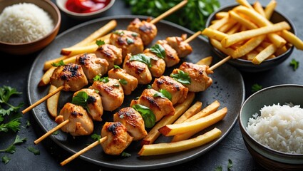 Wall Mural - Delicious Chicken Skewers Served With Crispy French Fries And Fragrant Rice On A Dark Background With Space For Text