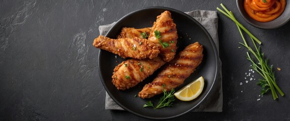 Wall Mural - Crispy Chicken Strips Garnished with Herbs and Lemon on Dark Stone Background