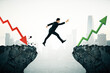 © Who is Danny - Businessman jumping from red downward arrow cliff to green upward arrow cliff.